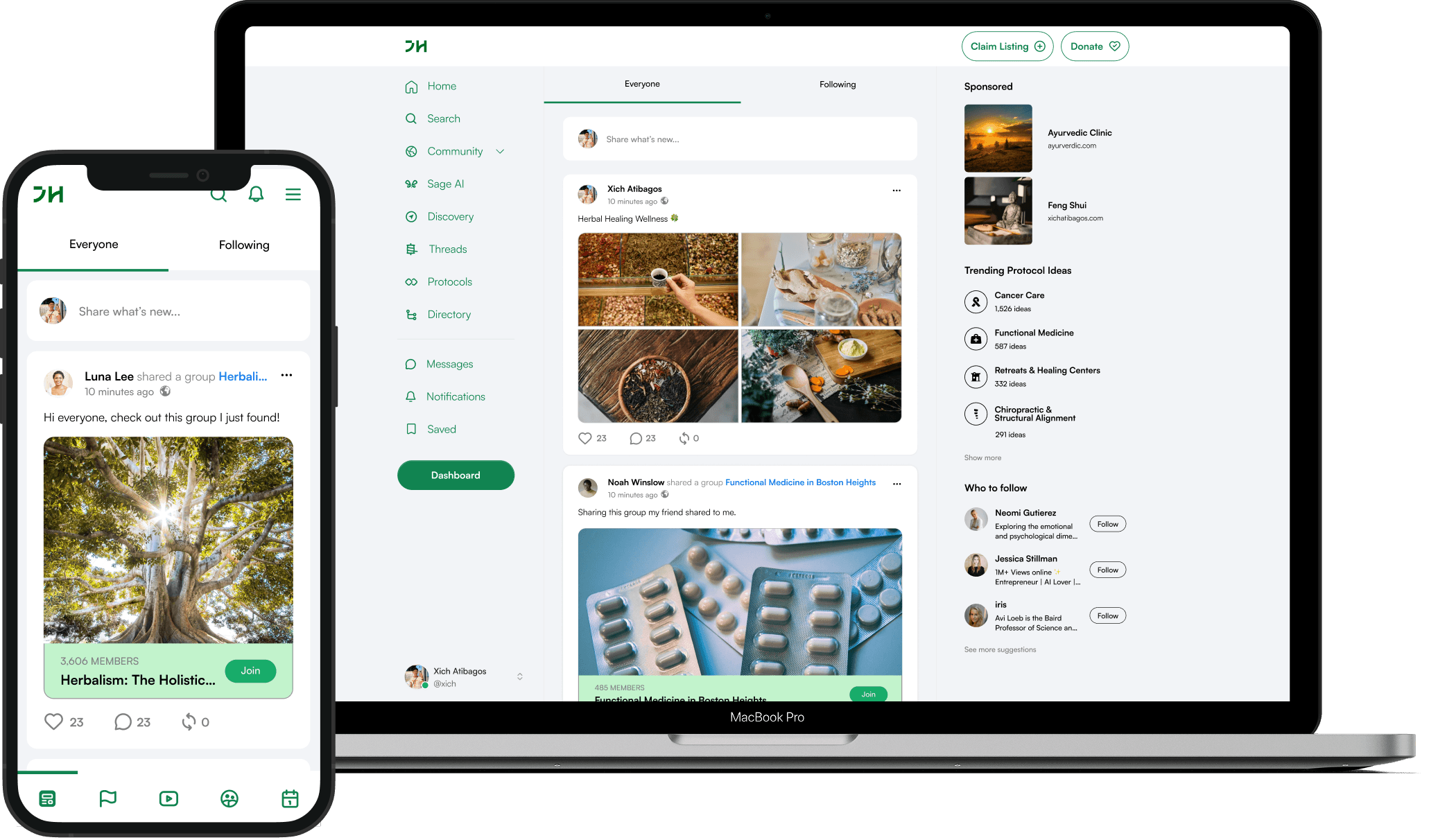 iPhone and desktop screen mockup showing mobile and web application interface of Just Holistics